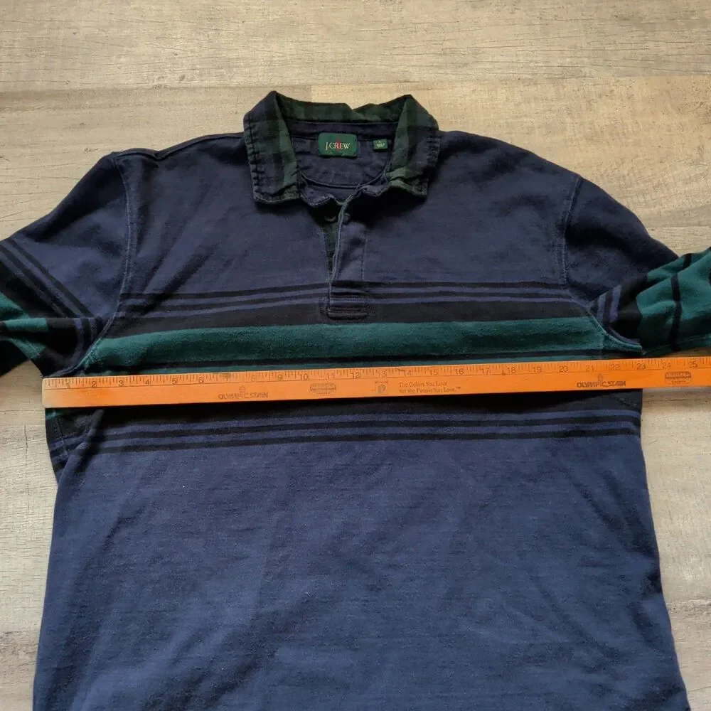 Vtg​ 90 J.Crew Long Sleeve Rugby Polo Shirt Men's Size L Blue Green Plaid Collar